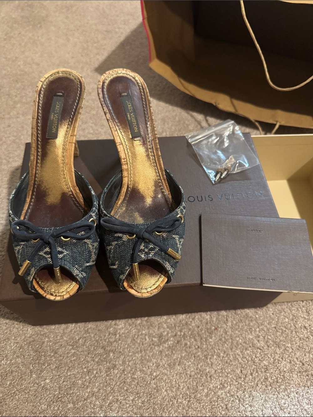Louis Vuitton Denim Monogram Peep-Toe Mules in Dark Blue with Gold Accents 35.5